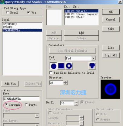 分析文件完成后，點擊菜單Setup→Pad Stacks調(diào)出焊盤堆設(shè)置窗口，將Pad Stack Type改為Via