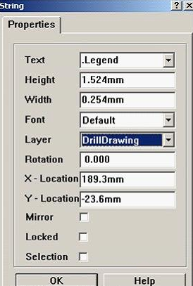 7. 放置分孔圖,按“P、S”在圖形的右下角放置一字符串,并雙擊打開(kāi),將Text改為。Legend;Layer改為DrillDrawing即可